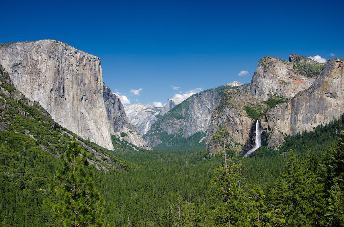 The magnificent Yosemite Tunnel View with El Capitan, Half Dome, and Bridalveil falls in the background