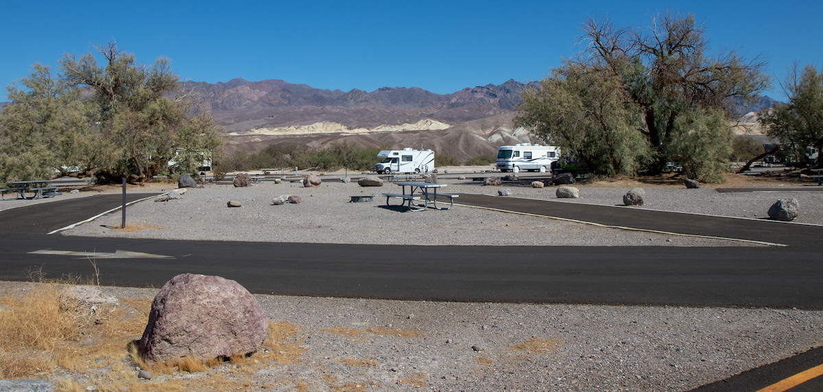 RVs parked in the vast campground of Furnace Creek