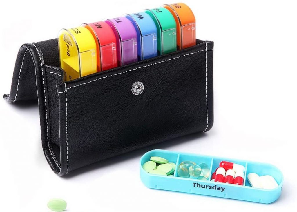 XINHOME Weekly Pill Organizer in a handy leather case