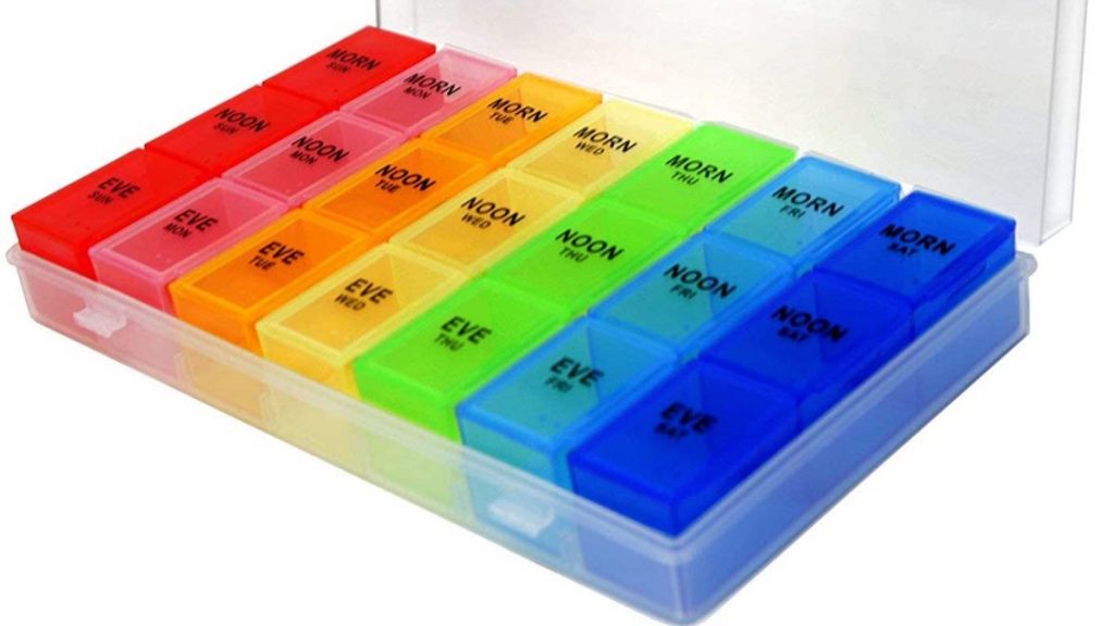 multi-colored weekly pills organizer