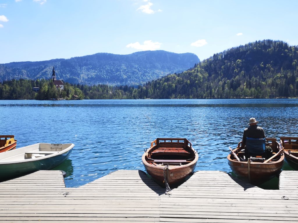 Boats docked on Lake Bled, Slovenia