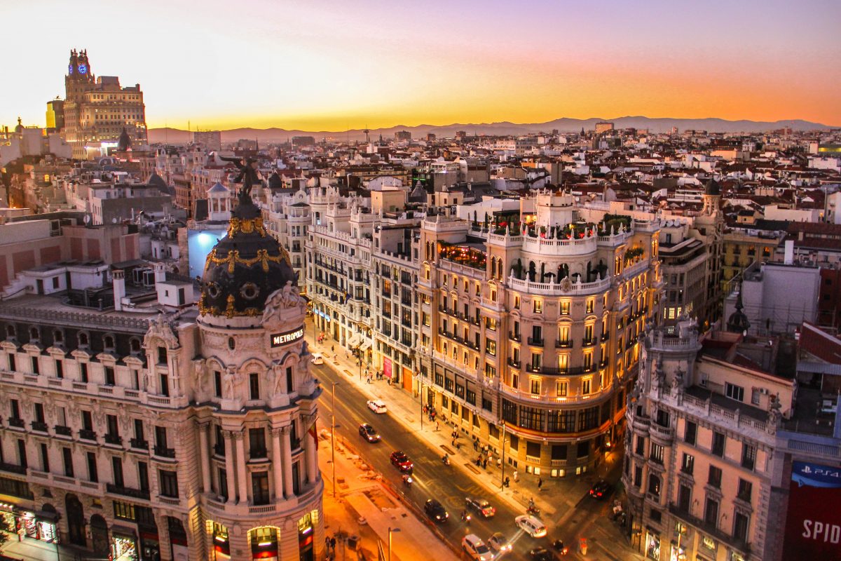 Sunset view of Gran Via in Madrid Sunset view of Gran Via in Madrid