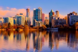 Gorgeous skyline of Vancouver reflected on water