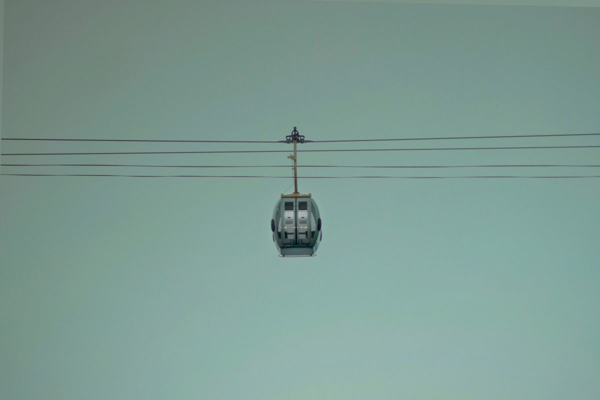 a moving cable car above the forest, hills, mountain, and resorts in black forest
