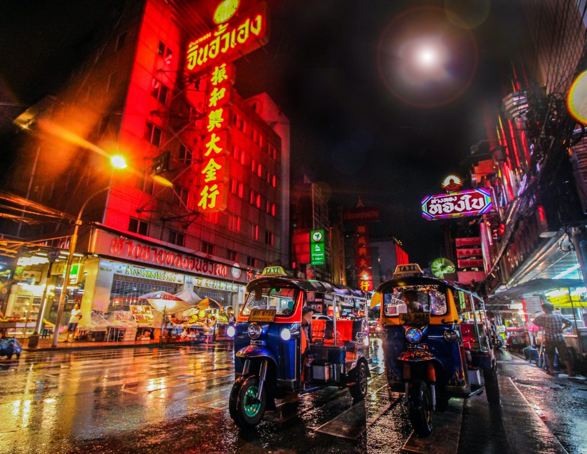 Tuktuks waiting for passengers in rainy Bangkok