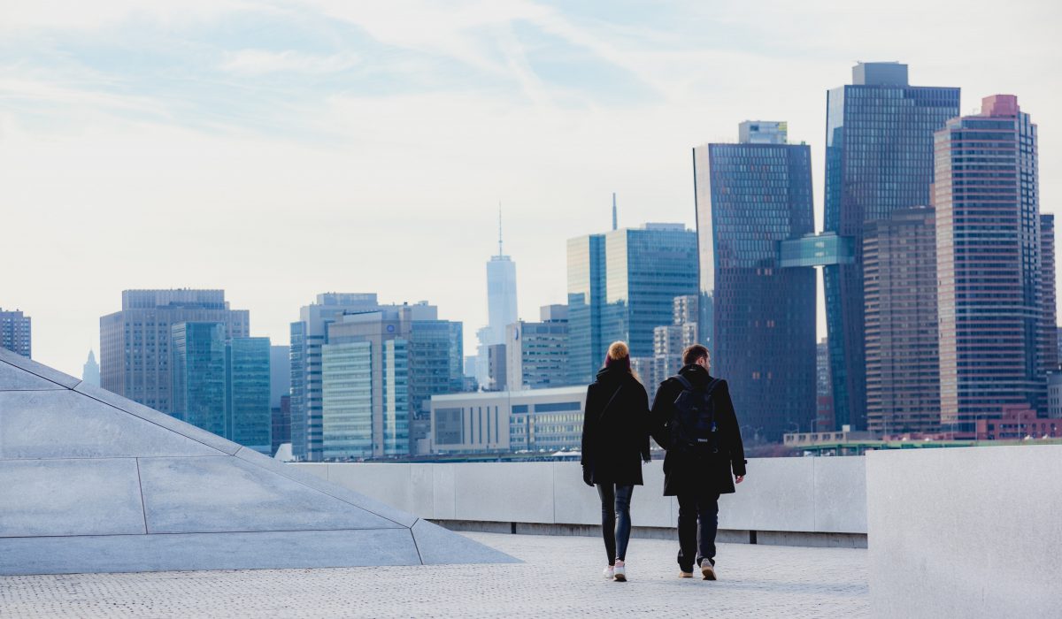 Tourists walking around a Roosevelt Island Park