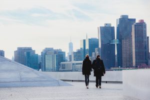 Tourists walking around a Roosevelt Island Park