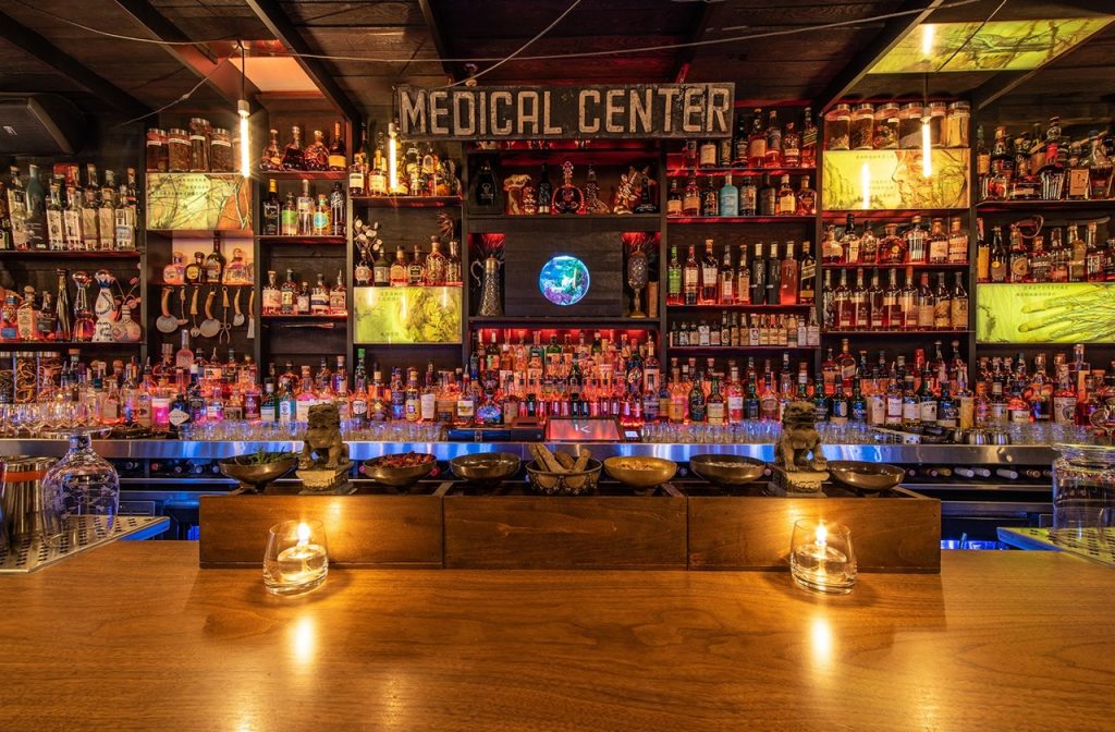 Apothecary-themed counter at The Keefer Bar Apothecary-themed counter at The Keefer Bar