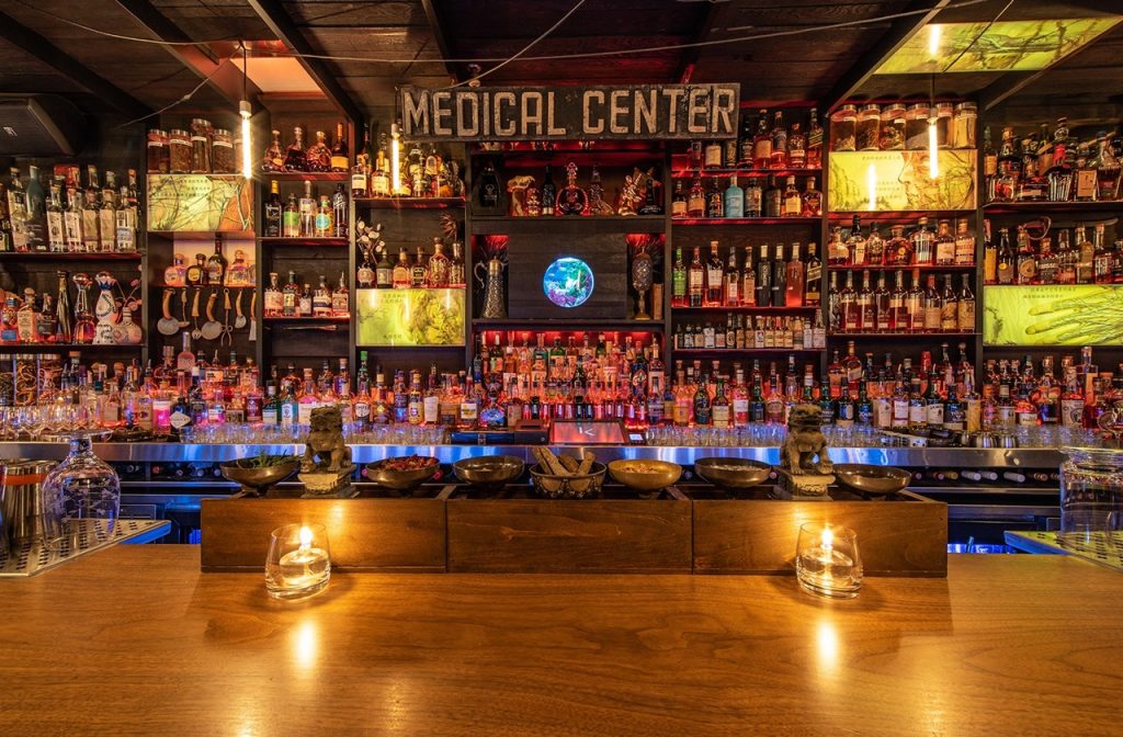 Apothecary-themed counter at The Keefer Bar