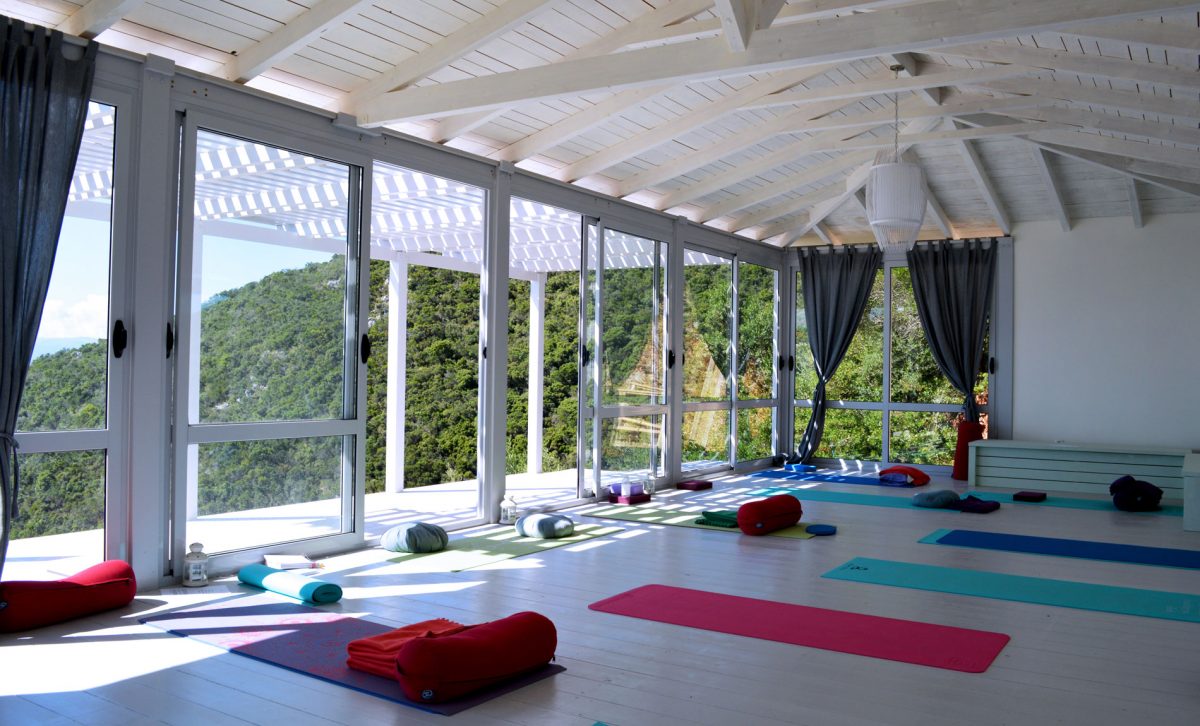 a yoga studio with the view of the ionian sea
