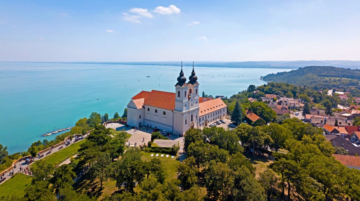an aerial view of the vast lake balaton in hungary an aerial view of the vast lake balaton in hungary