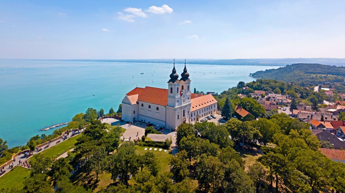 an aerial view of the vast lake balaton in hungary