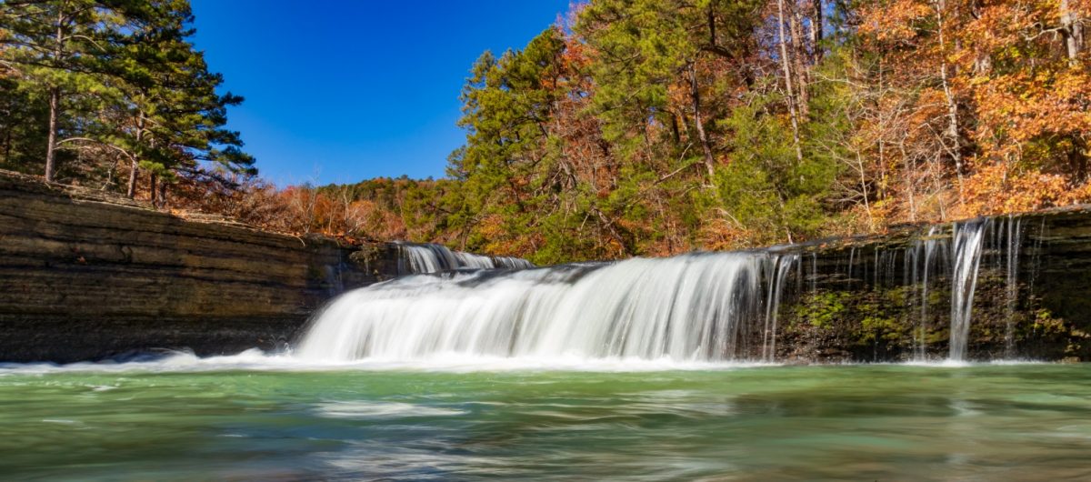 a small gushing waterfalls at ozark national forest, car camping