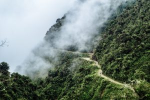 clouds fogging the death road in bolivia