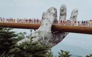 a crowd of people in a tourist spot in vietnam
