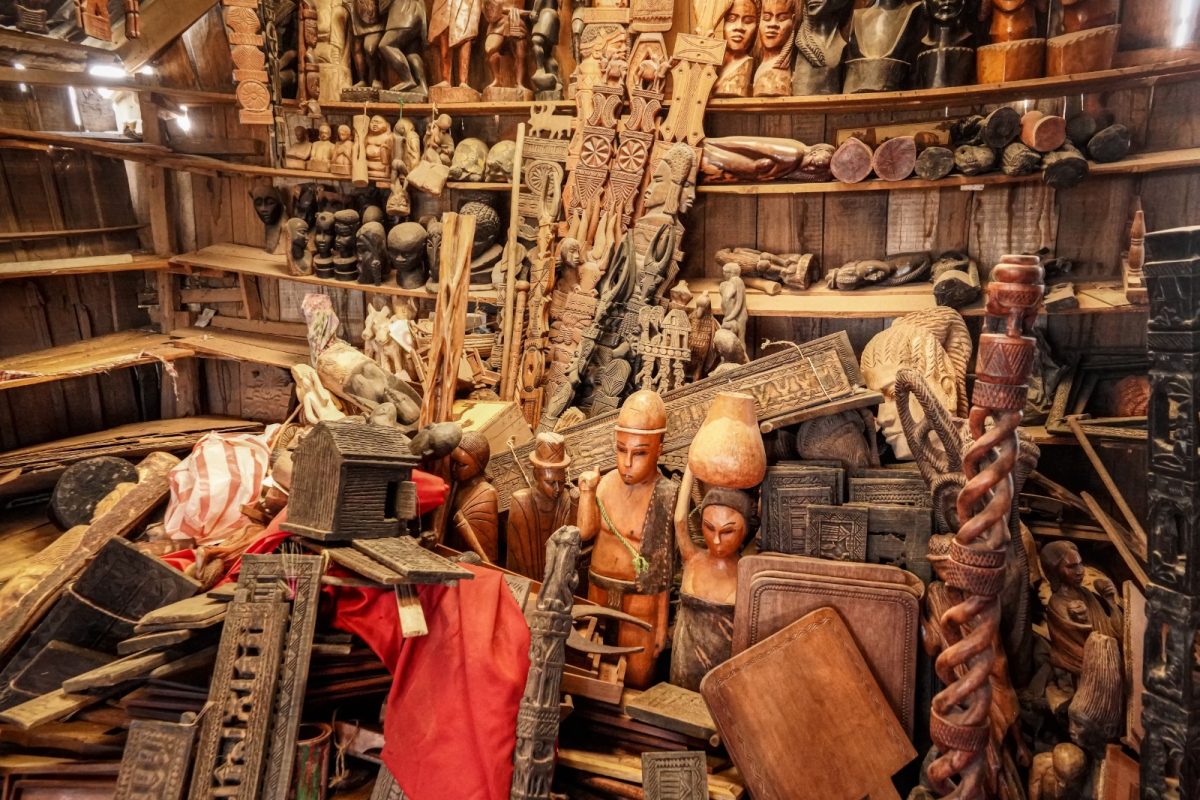 wooden souvenirs sold at la digue market, madagascar
