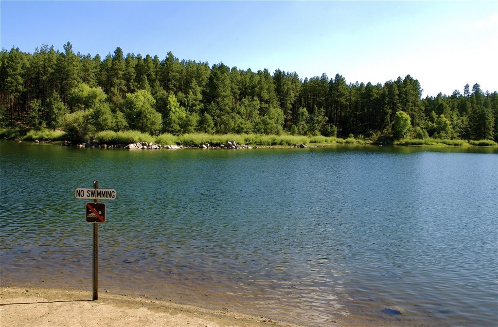 No swimming sign placed on the shore of Goldwater Lake