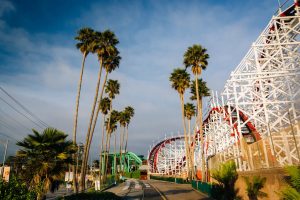 Palm trees and thrill rides along a walkway in Santa Cruz, California.