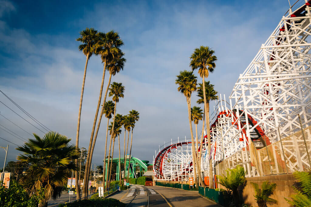 fun-things-to-do-in-santa-cruz-california Palm trees and thrill rides along a walkway in Santa Cruz, California.