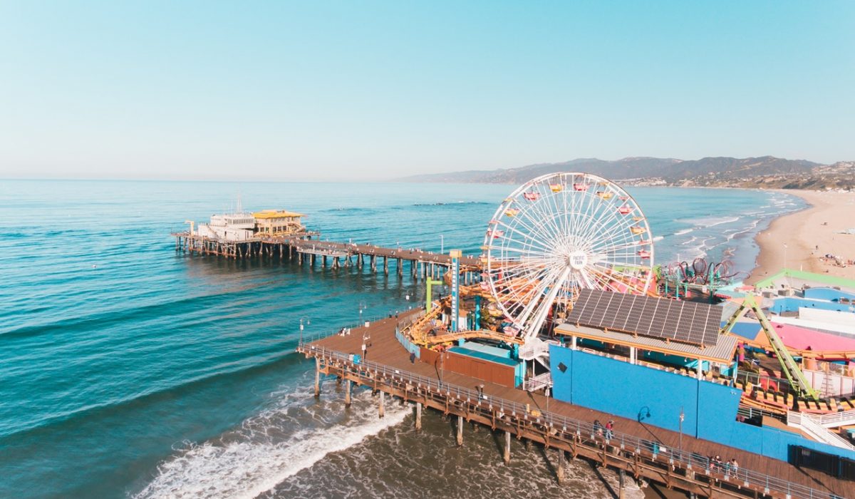southern california aerial view Aerial view of Santa Monica Pier in Southern California
