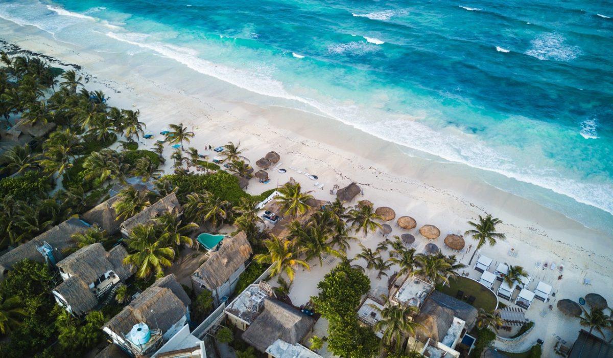 tulum resorts Aerial view of the beachside resorts in Tulum