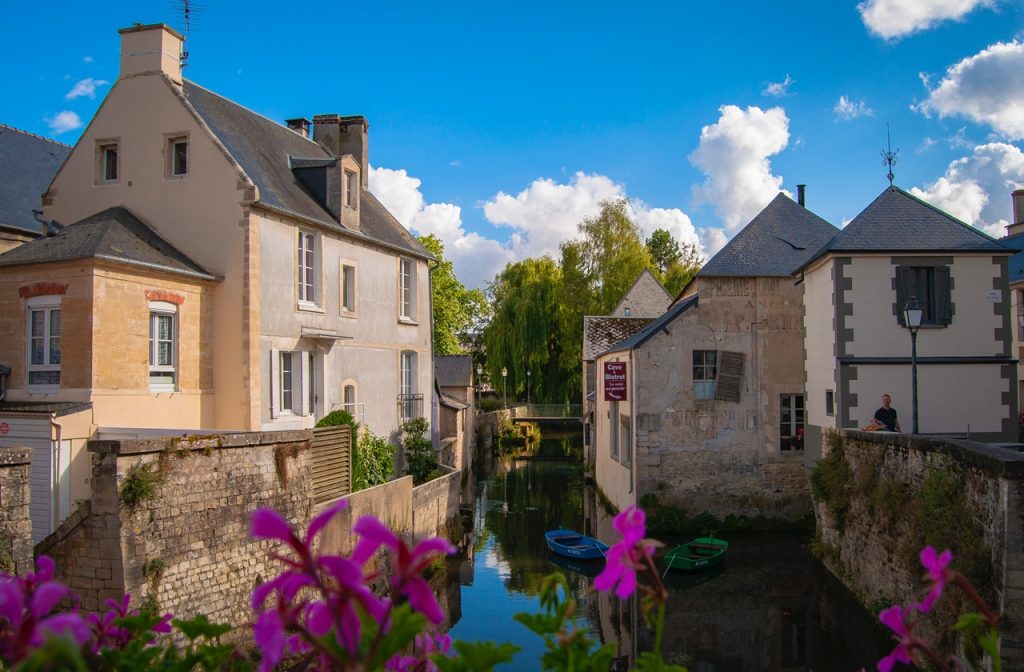 Canals and stone houses in Bayeux in the French countryside