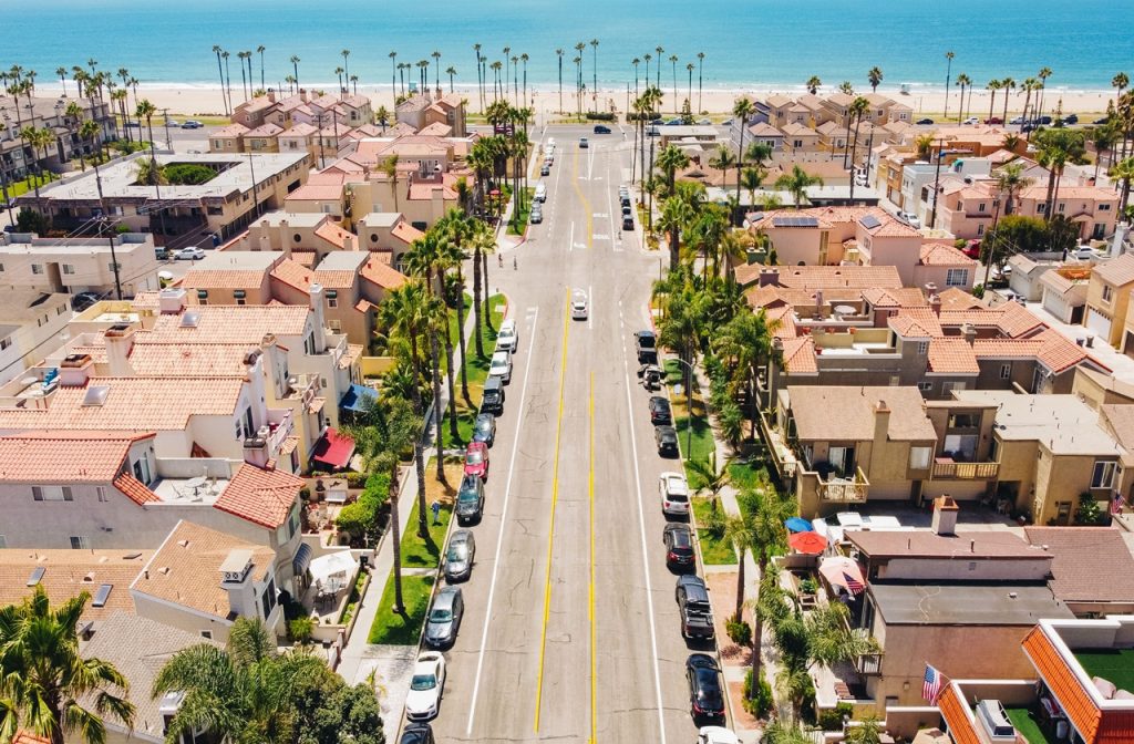 View of Huntington Beach town properties overlooking the beach