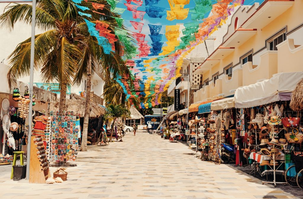 Souvenir shops lined at a street in downtown Cancun