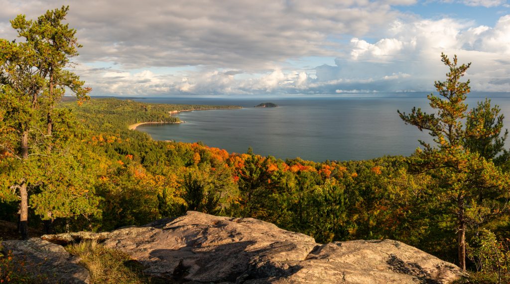 Beautiful Autumn panorama of Lake Superior from the Sugarloaf Mountain Overlook near Marquette