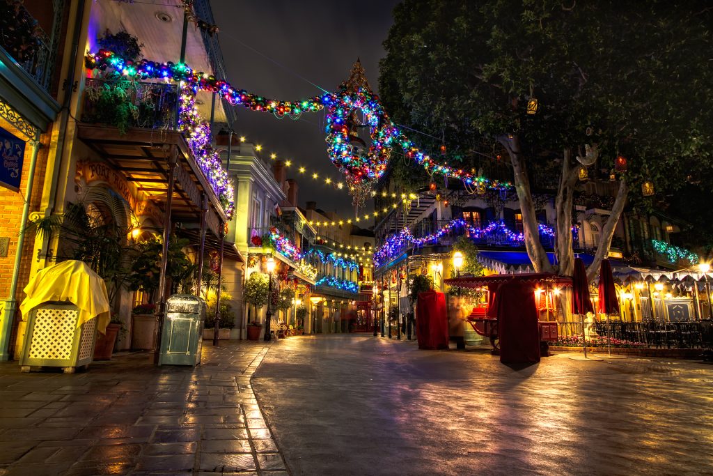 Christmas illumination at New Orleans Square at night