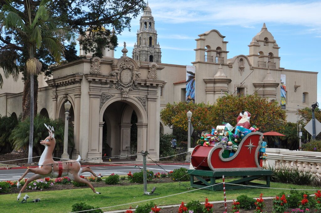 A Santa Claus in a sleigh decoration at Balboa Park in San Diego.