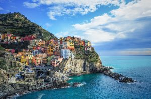 View of the colorful houses in Manarola, one of the most picturesque Cinque Terre towns