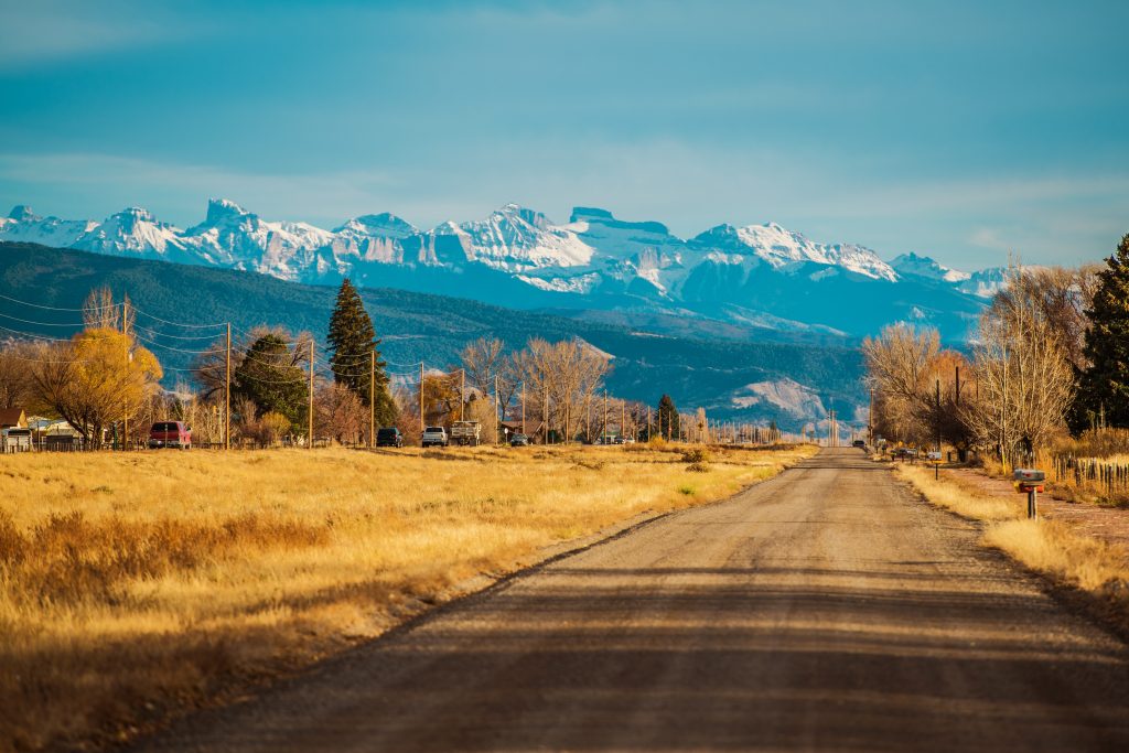 Landscape view of Durango and its bordering snow-top mountains in Colorado