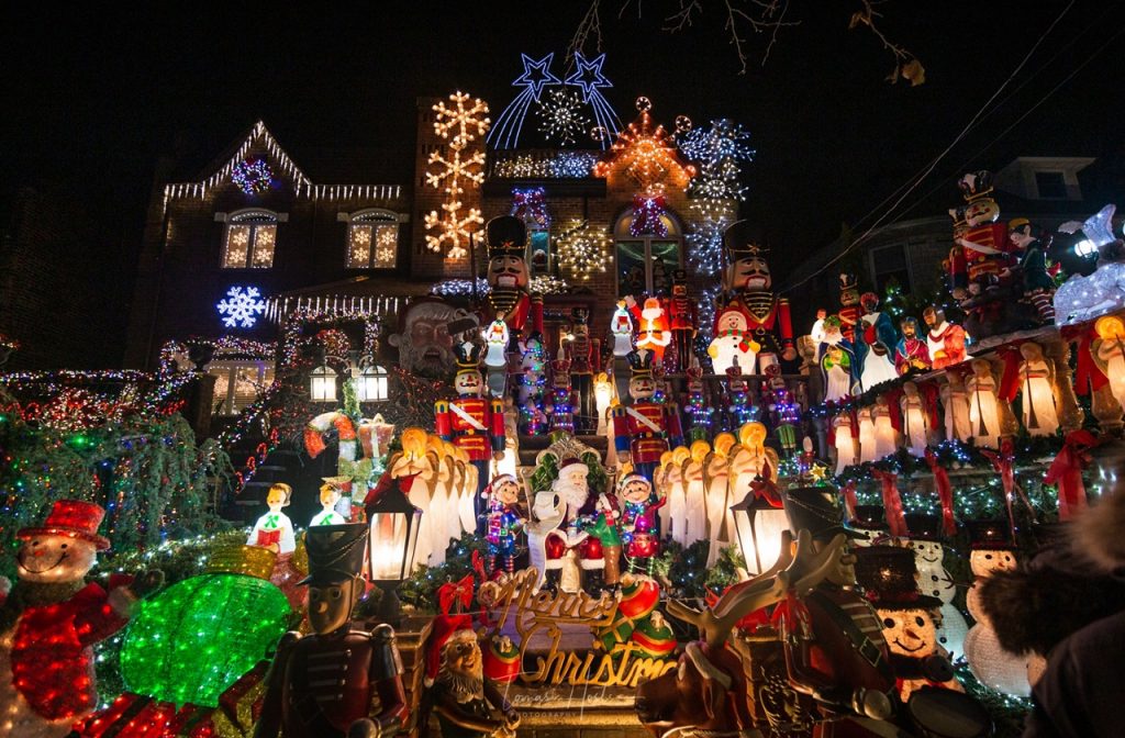 House in Dyker Heights with elaborate Christmas decor and light displays