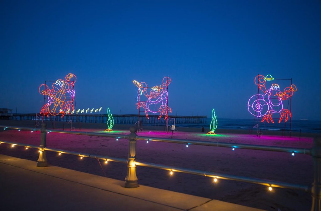 Sea creatures playing musical instruments at Holiday Lights at the Beach at Virginia Beach