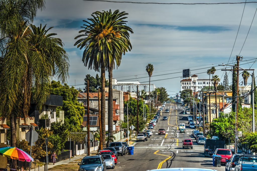 Busy downhill road in Los Angeles, California