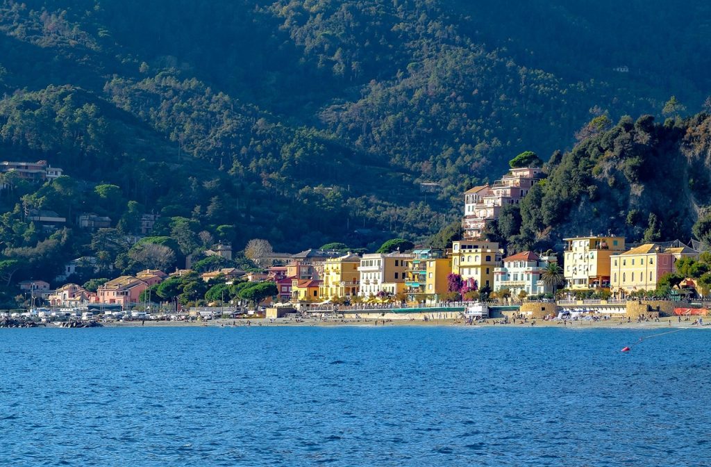 Monterosso's sandy beach and mountains as seen from the water