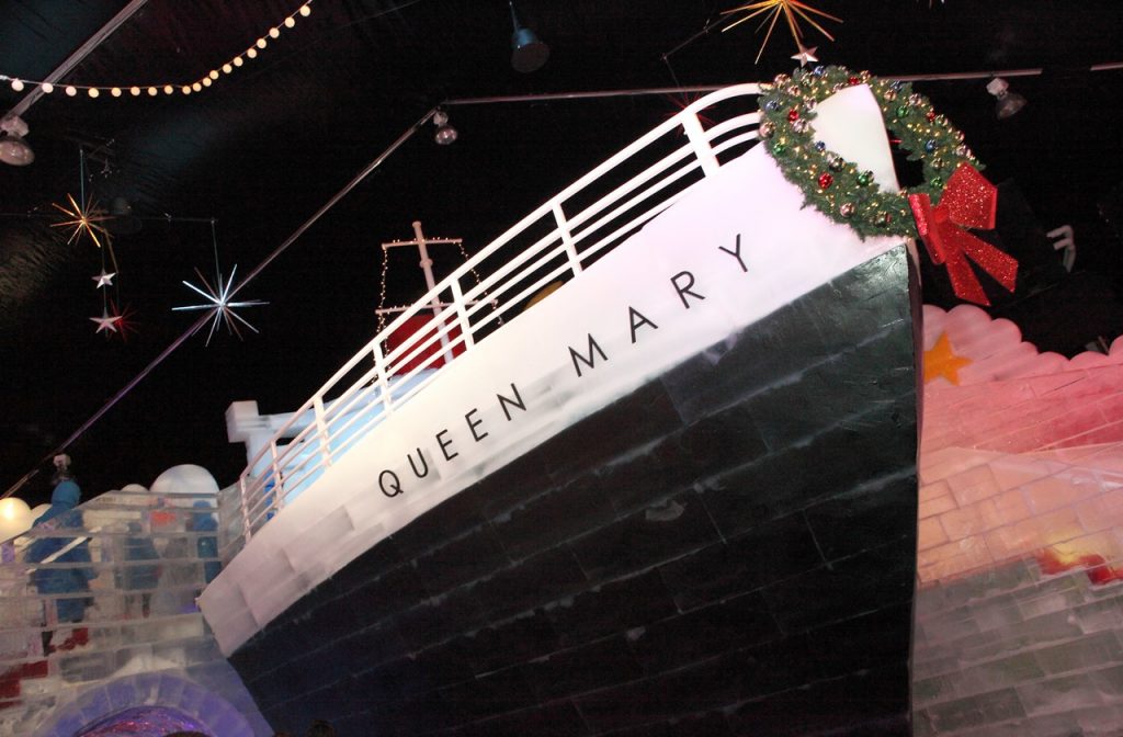 Ice sculpture of the RMS Queen Mary at the holiday Chill at The Queen Mary event