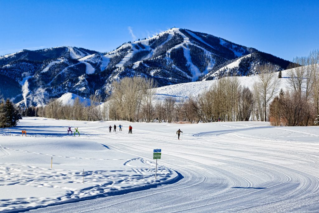 Landscape view of the snowy Bald Mountain in Sun Valley Park, Idaho during winter