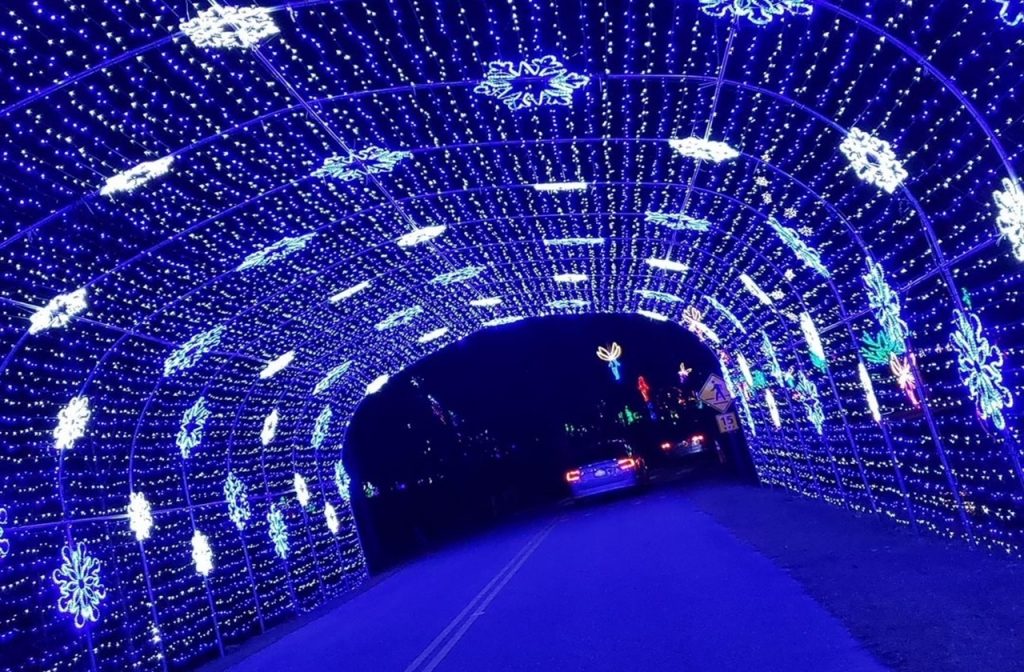 Driving through a light tunnel at The Great Christmas Light Show