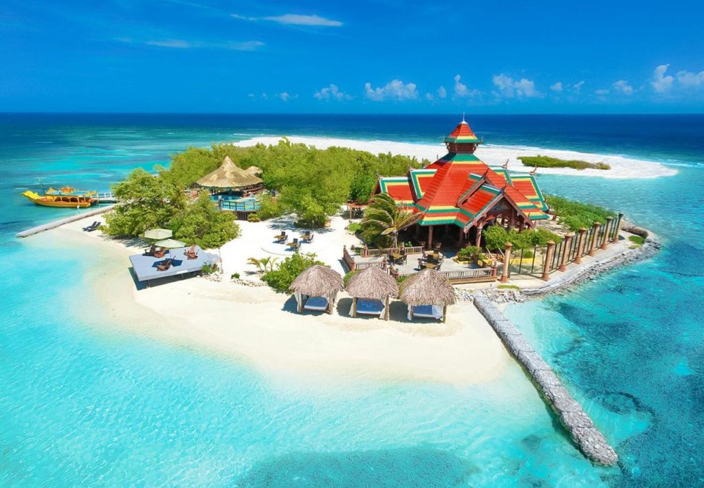 Aerial view of Sandals Royal Caribbean Beach Resort, one of the best clothing optional resorts.