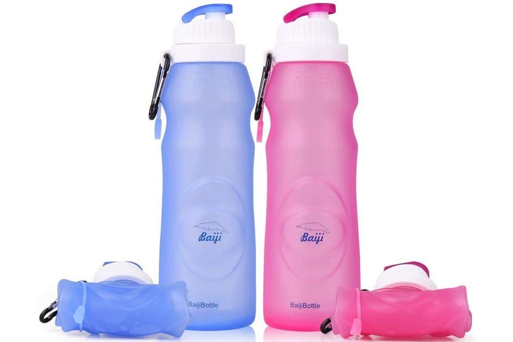 Four collapsible bottles from Baiji in pink and blue.