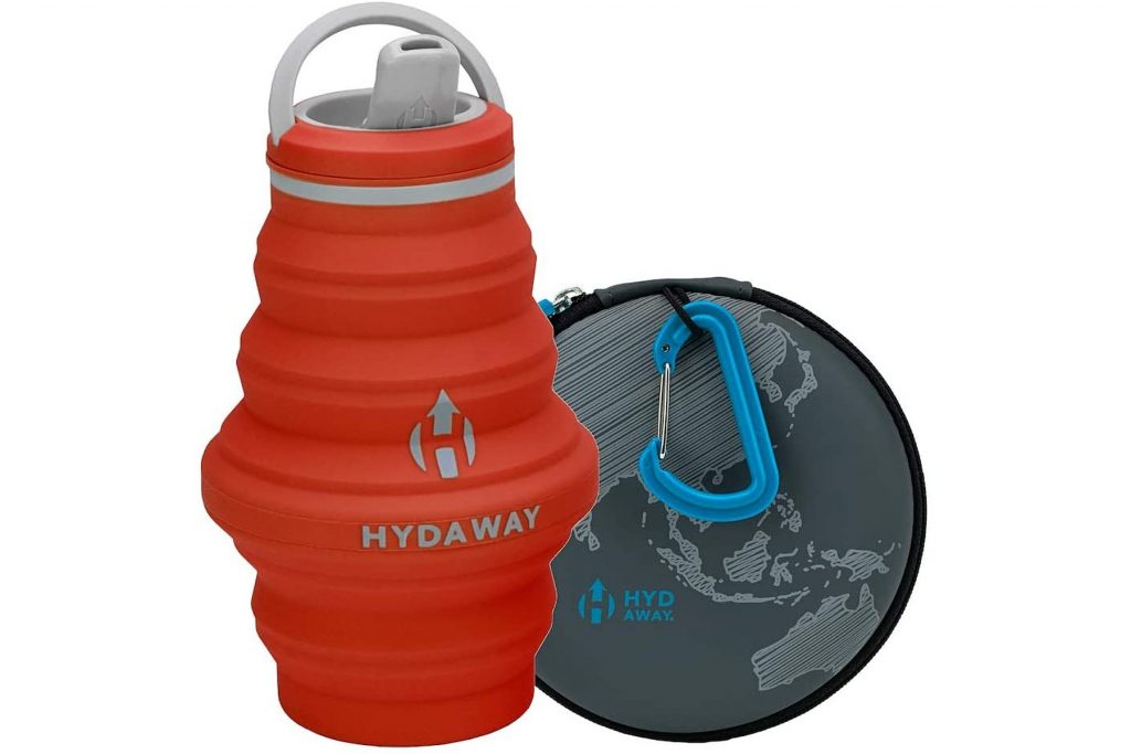 Red water bottle from HYDAWAY with a gray travel pouch with a blue carry clip.
