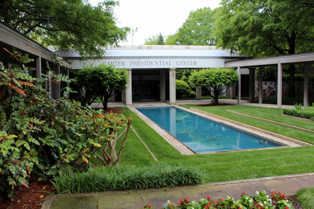 The green garden and water feature at the Jimmy Carter Presidential Library & Museum. The green garden and water feature at the Jimmy Carter Presidential Library & Museum.