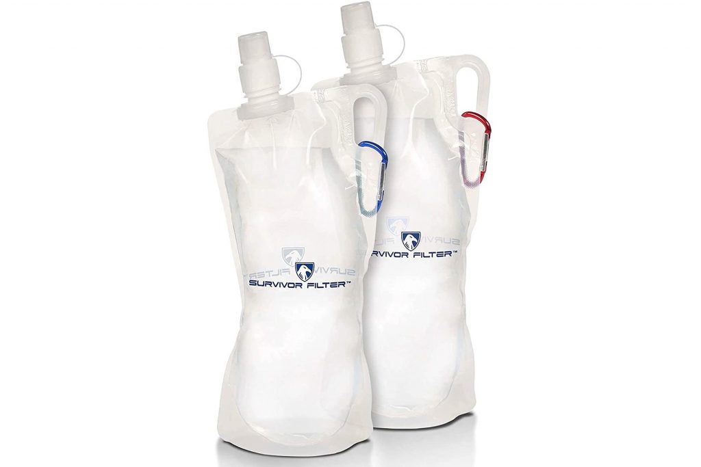 Two white water bottles from Survivor Filter with handles and blue and red carabiners.