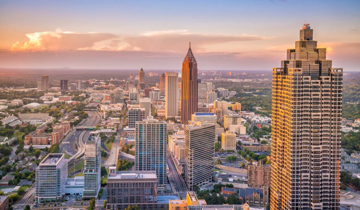 Skyline of Atlanta city Aerial view featuring skyscrapers at Atlanta City, Georgia during sunset.