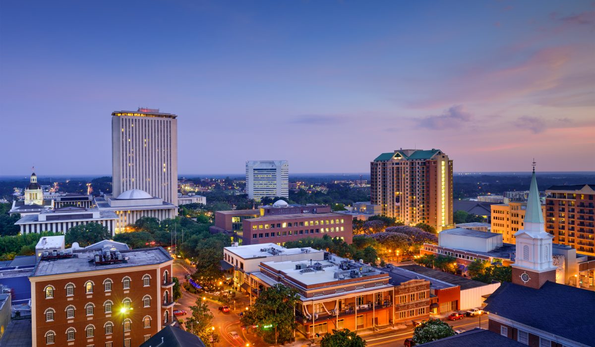 Tallahassee Skyline Aerial view of downtown Tallahassee at dusk.