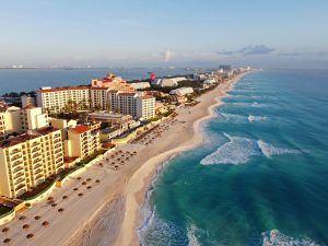 Cancun hotel zone aerial view, Cancun, Quintana Roo, Mexico