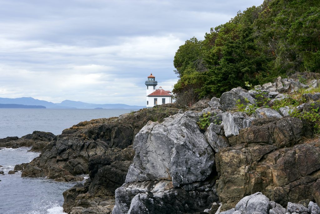 Perspective view of Lime Kiln Lighthouse on San Juan Island, one of the top places to travel without a passport.