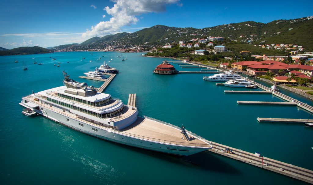 Cruise ships docked on the coast of St. Thomas, US Virgin Islands, one of the top tropical places to travel without a passport.